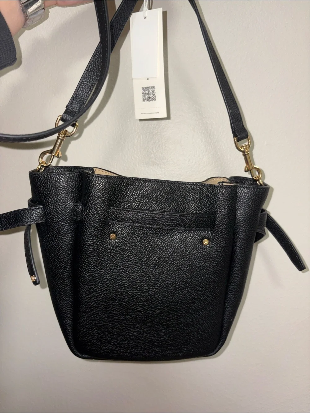 Tory Burch Romy Black Pebbled Leather Mini Bucket Crossbody with Gold Hardware